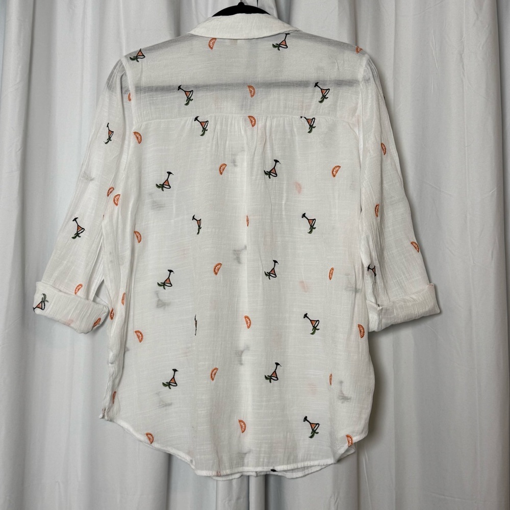 Fig + Flower Novelty Cocktail Embroidered Button Front Shirt Large - Picture 3 of 13